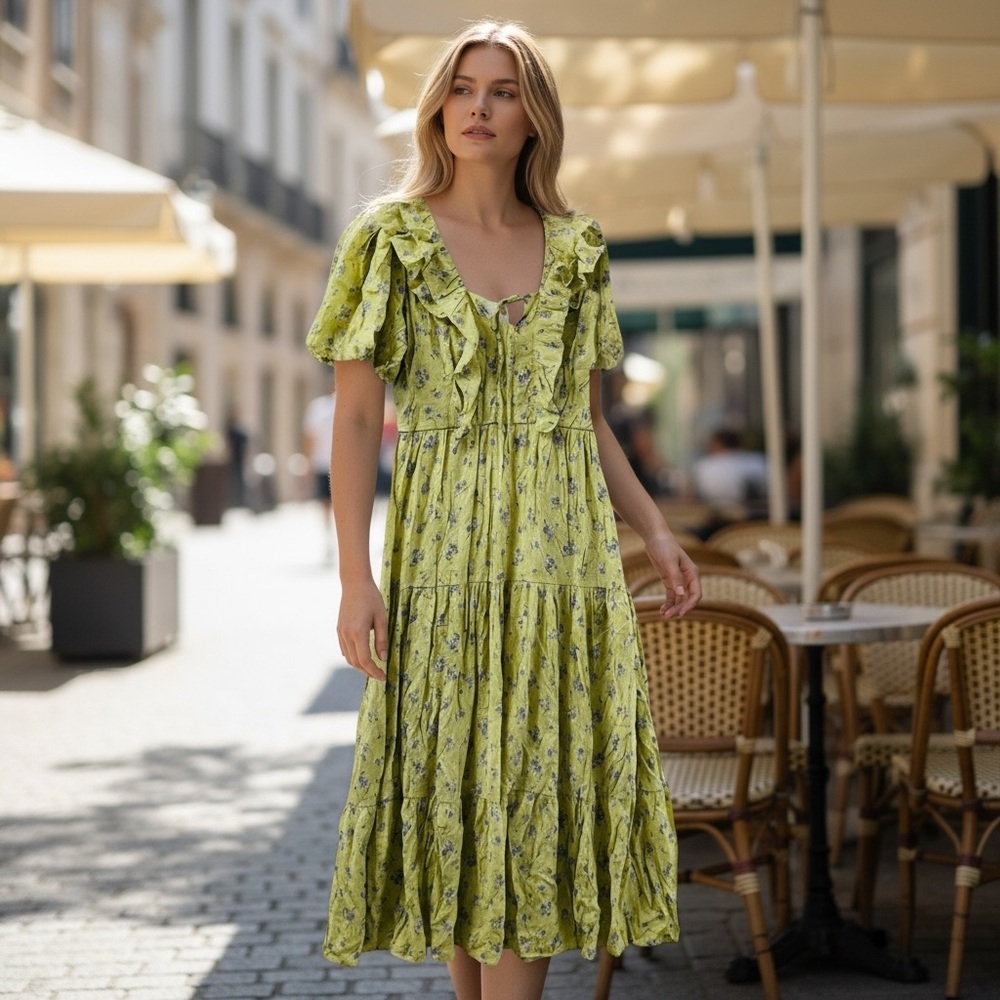 Moon River Yellow Floral Ruffle Midi Dress Puff Sleeve Large Boho Cottagecore